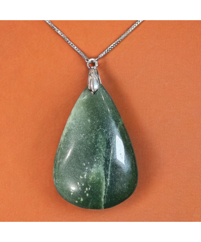 Pendentif Jade Serpentine goutte sur chaîne réglable