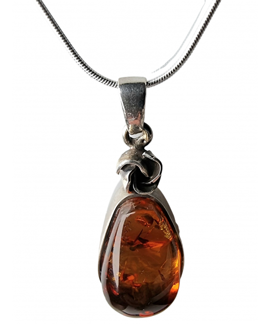 Pendentif Ambre cognac serti avec chaîne argent 925