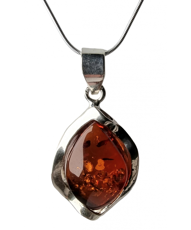 Pendentif Ambre cognac serti avec chaîne argent 925