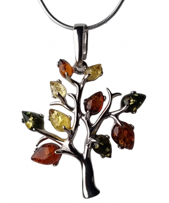 Pendentif Ambre baltique et végétal Arbre avec chaîne argent 925