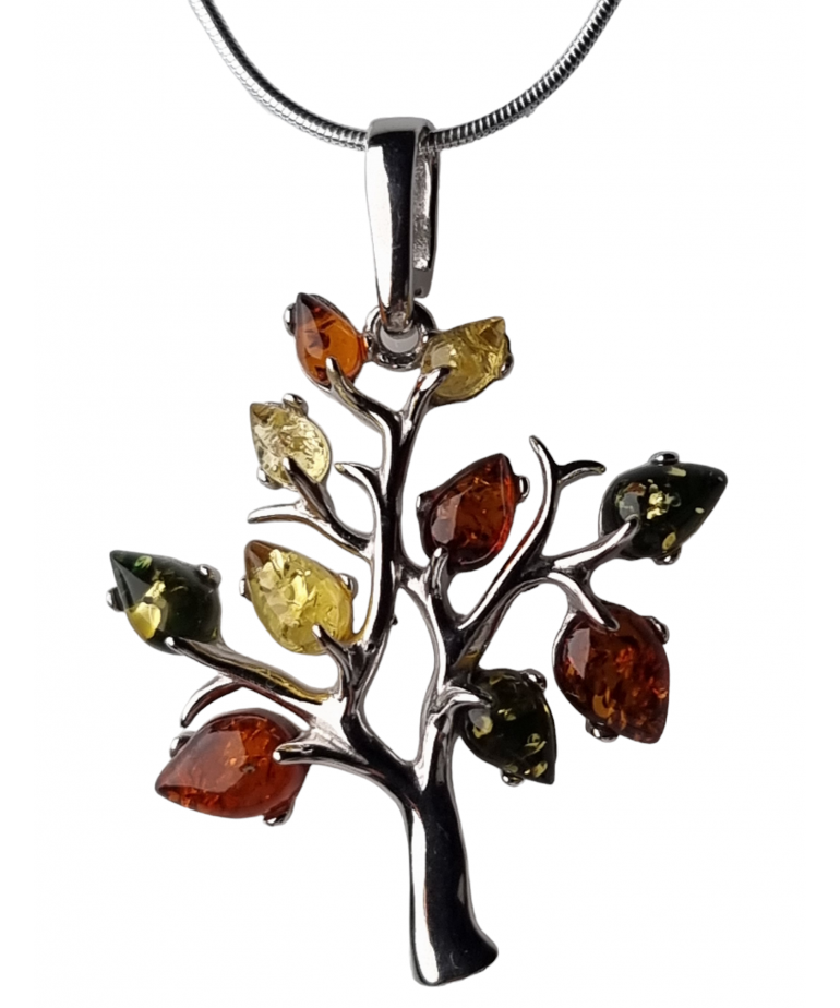 Pendentif Ambre baltique et végétal Arbre avec chaîne argent 925