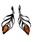 Boucles Ambre cognac serties feuilles argent 925