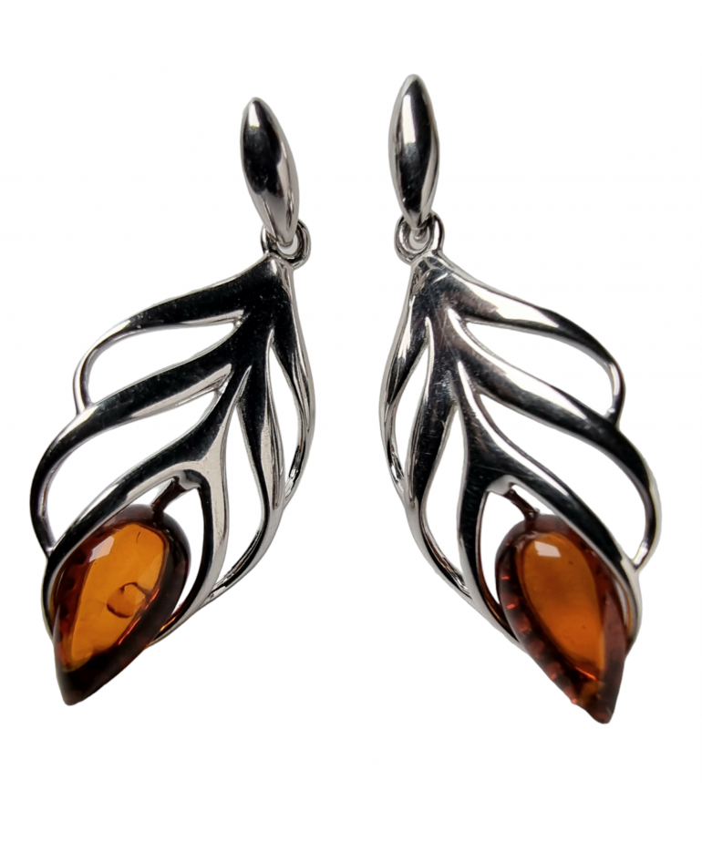 Boucles d'oreilles Ambre cognac serties feuilles argent 925