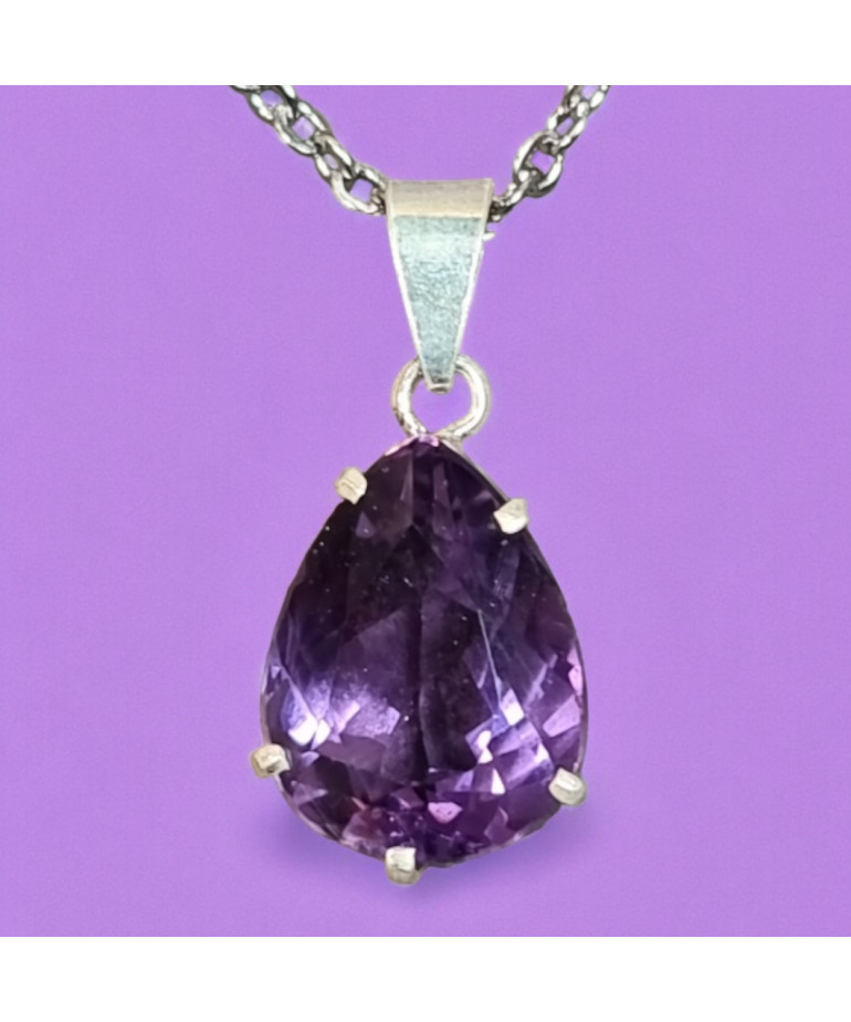 Pendentif Améthyste goutte Argent 925 avec Chaîne acier inox