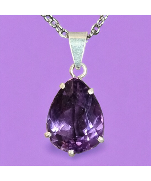 Pendentif Améthyste goutte Argent 925 avec Chaîne acier inox
