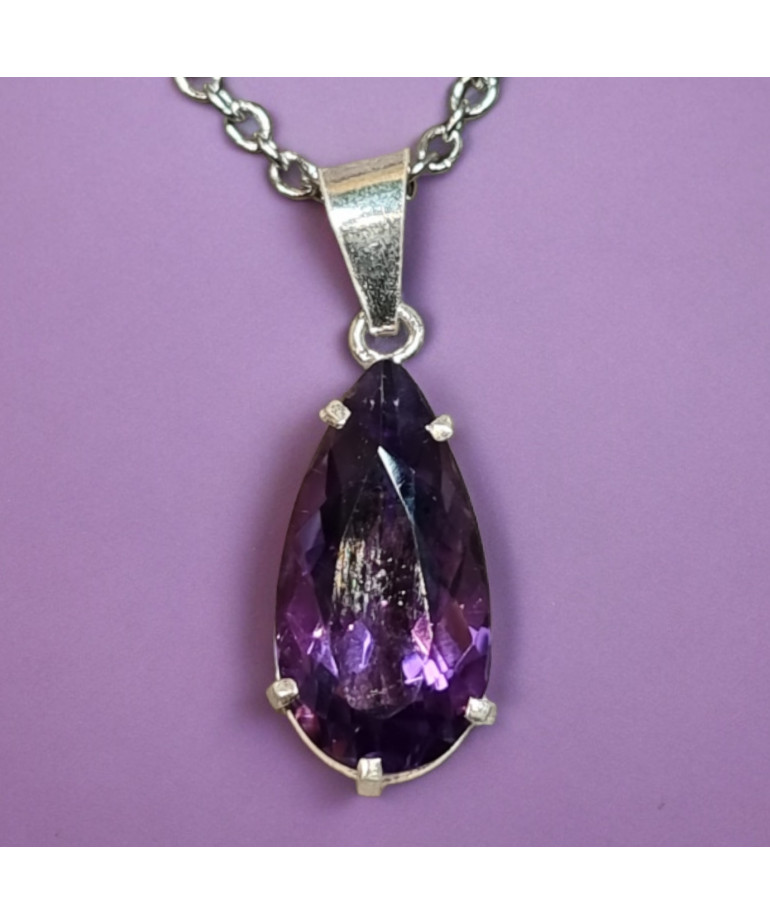Pendentif Améthyste goutte Argent 925 avec Chaîne acier inox