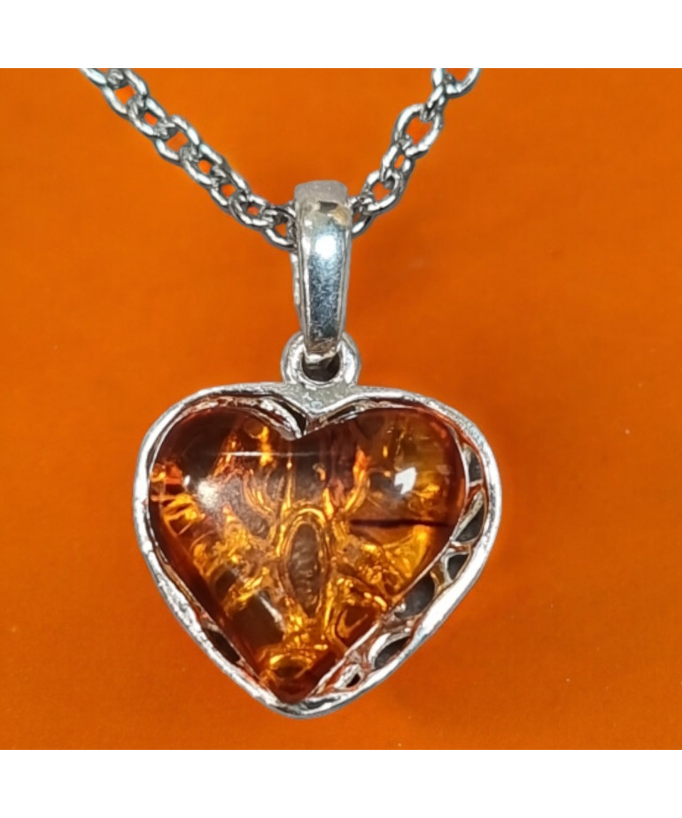 Pendentif Ambre Cœur Argent 925 sur chaîne