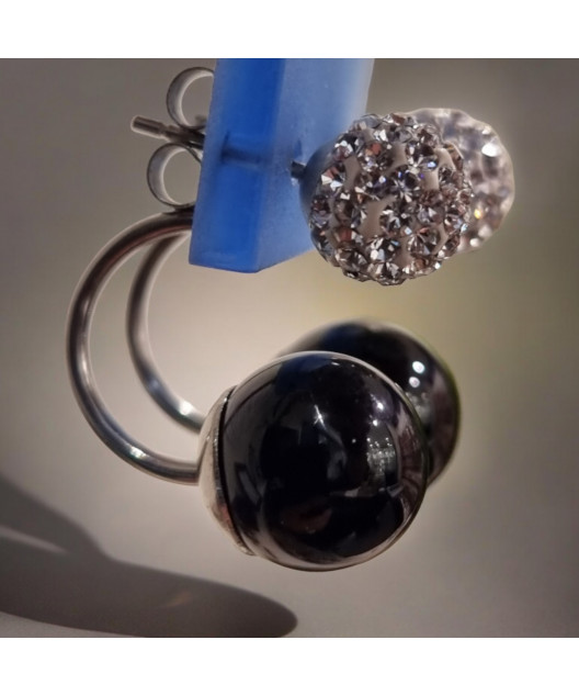 Boucles Onyx & Swarovski acier inox