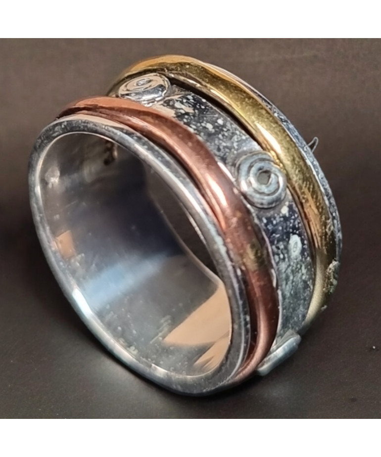 Anneau "Antistress" Argent 925 martelé Cuivre & Bronze