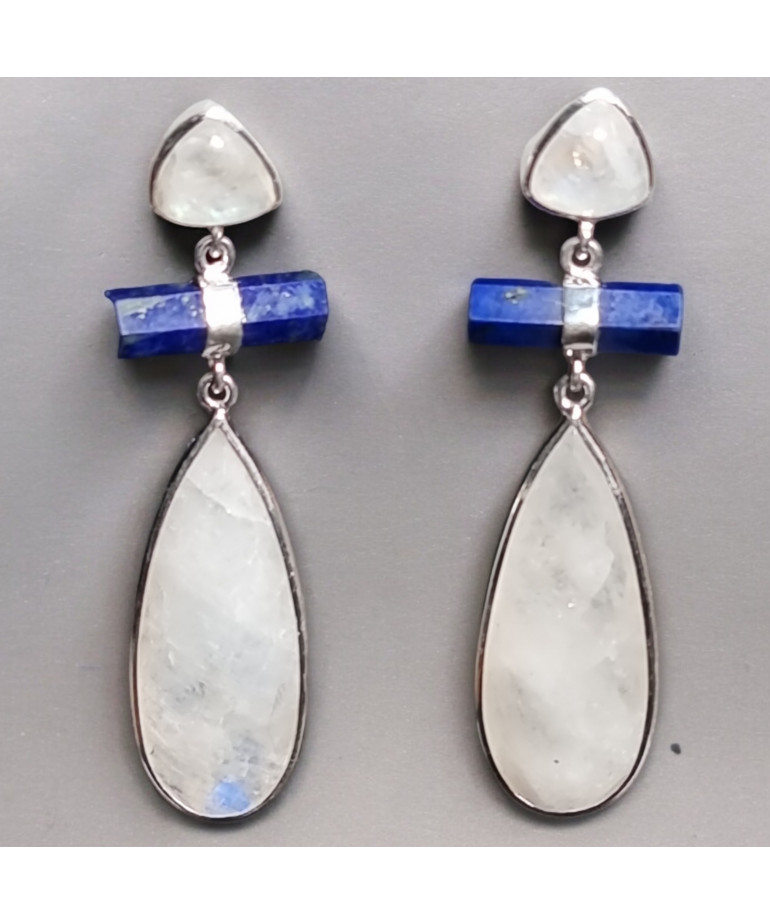 Boucles Pierre de lune Gouttes et Lapis-lazuli Argent 925