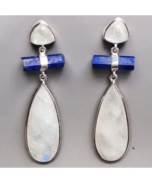 Boucles Pierre de lune Gouttes et Lapis-lazuli Argent 925