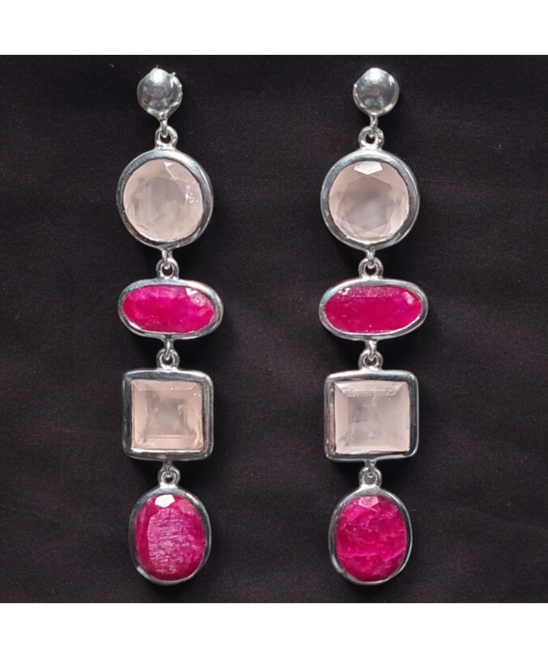 Boucles Rubis & Quartz rose Argent 925