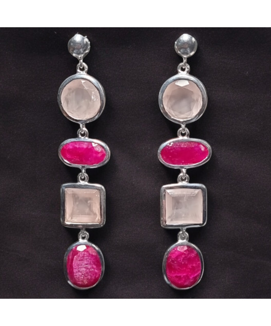 Boucles Rubis & Quartz rose Argent 925