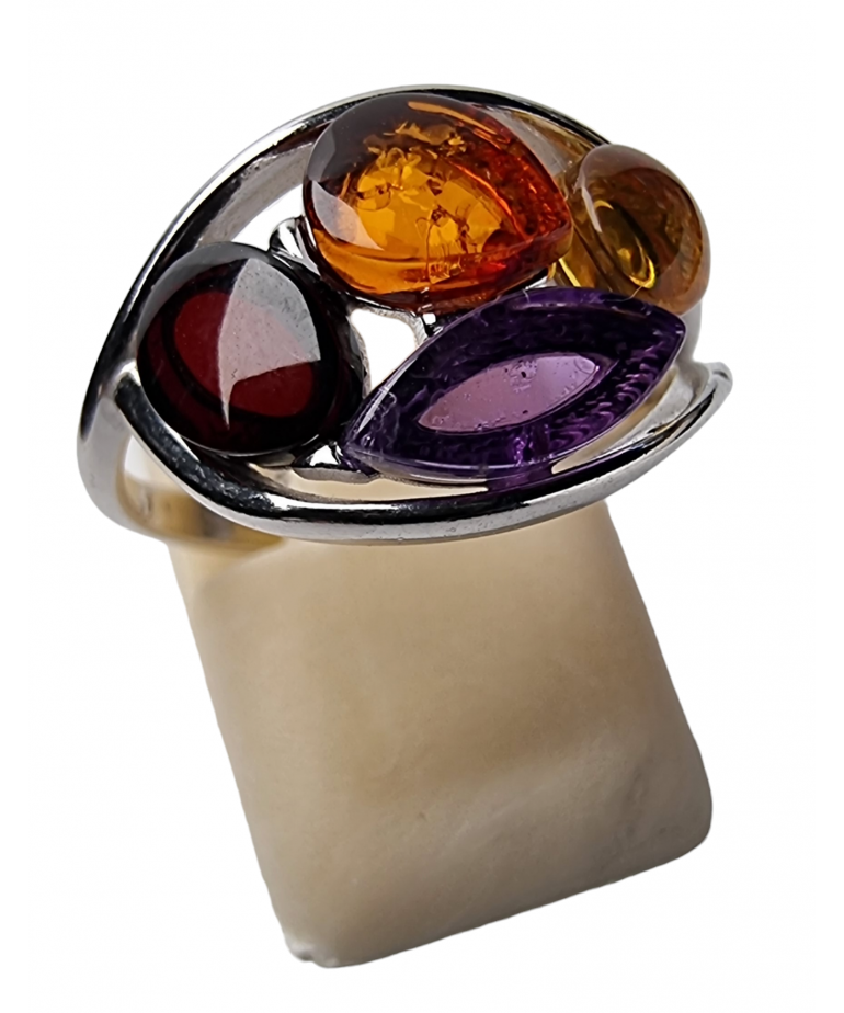 Bague Ambre baltique & Améthyste argent 925 Taille 54