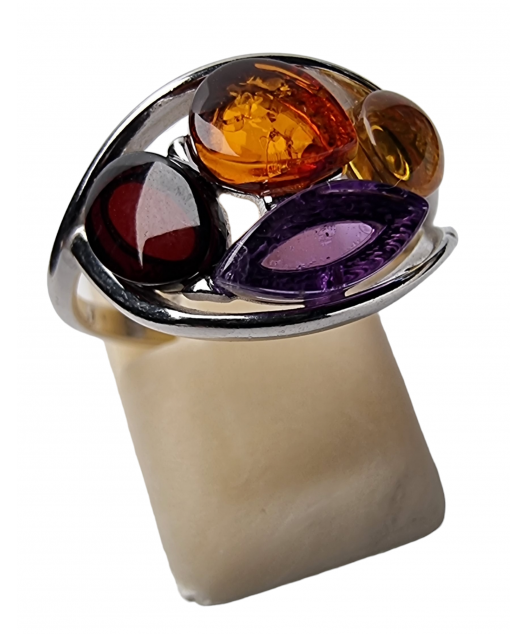 Bague Ambre baltique & Améthyste argent 925 Taille 54