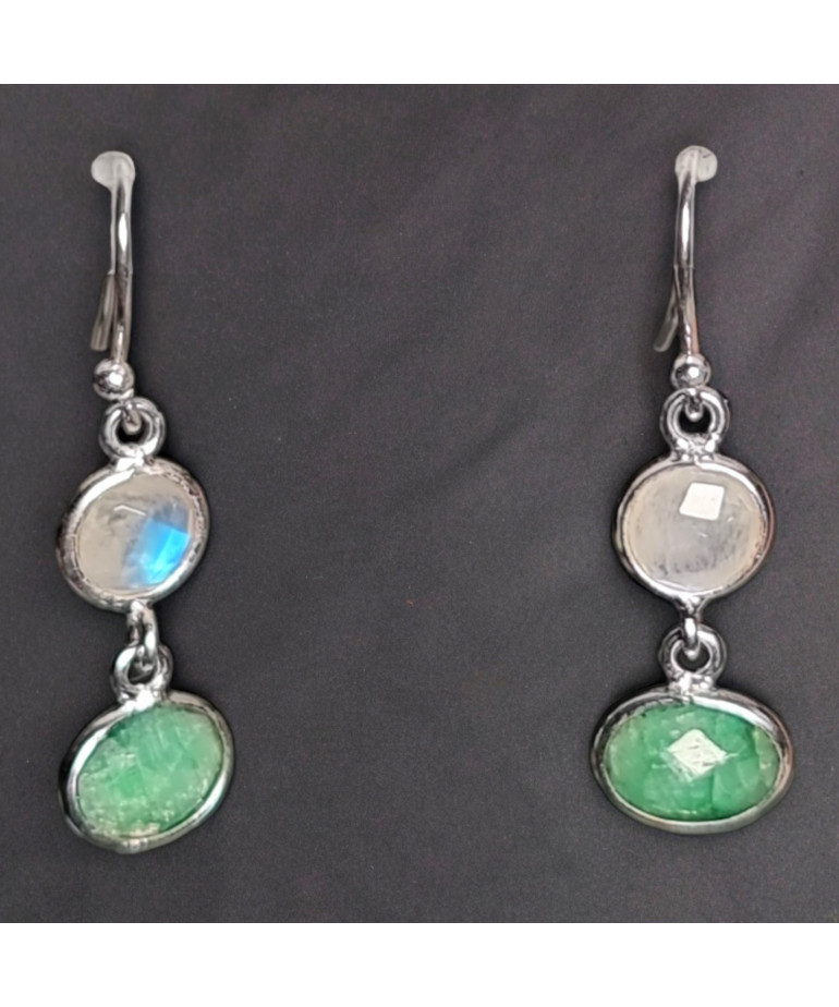 Boucles Emeraude ovales & Pierre de lune Argent 925