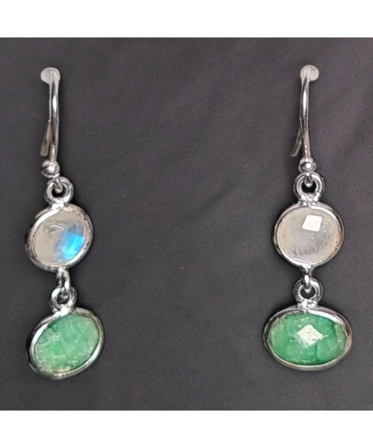Boucles Emeraude ovales & Pierre de lune Argent 925