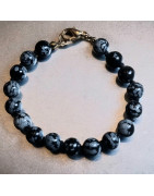 Bracelet Obsidienne neige Pierre rondes avec fermoir doré