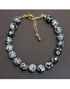 Bracelet Obsidienne neige Pierre rondes facettées avec fermoir doré