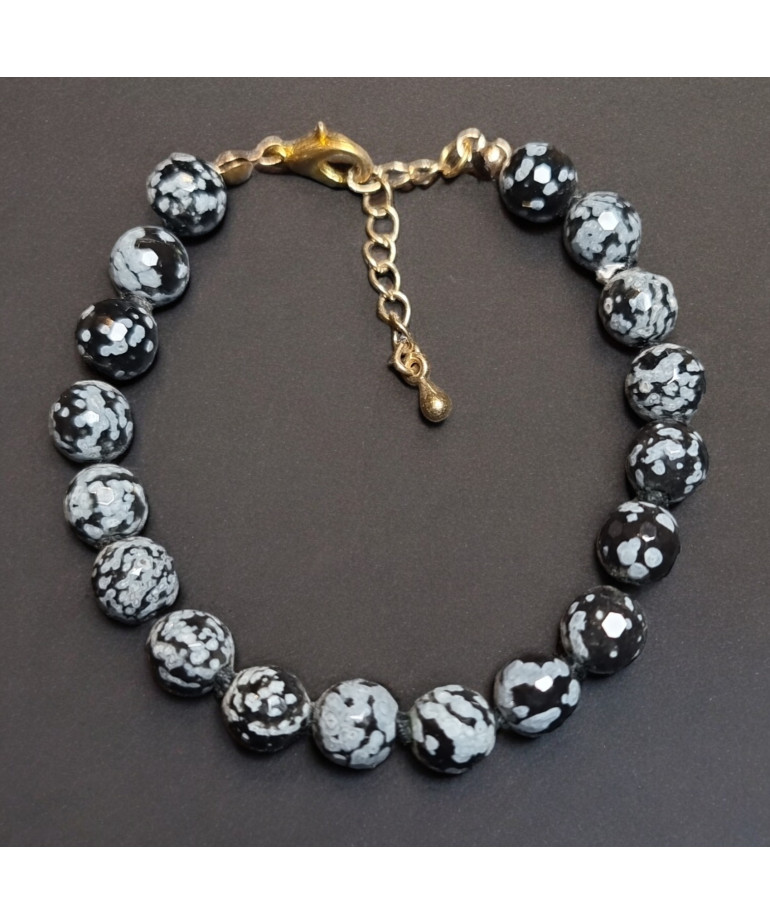 Bracelet Obsidienne neige Pierre rondes facettées avec fermoir doré