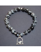 Bracelet Obsidienne neige Pierre rondes facettées avec breloque oiseau