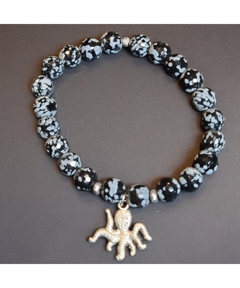 Bracelet Obsidienne neige Pierre rondes facettées avec breloque pieuvre