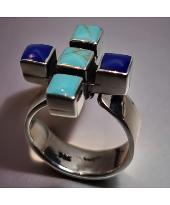 Bague Turquoise Lapis-lazuli Zuni Argent 925 Taille 59+