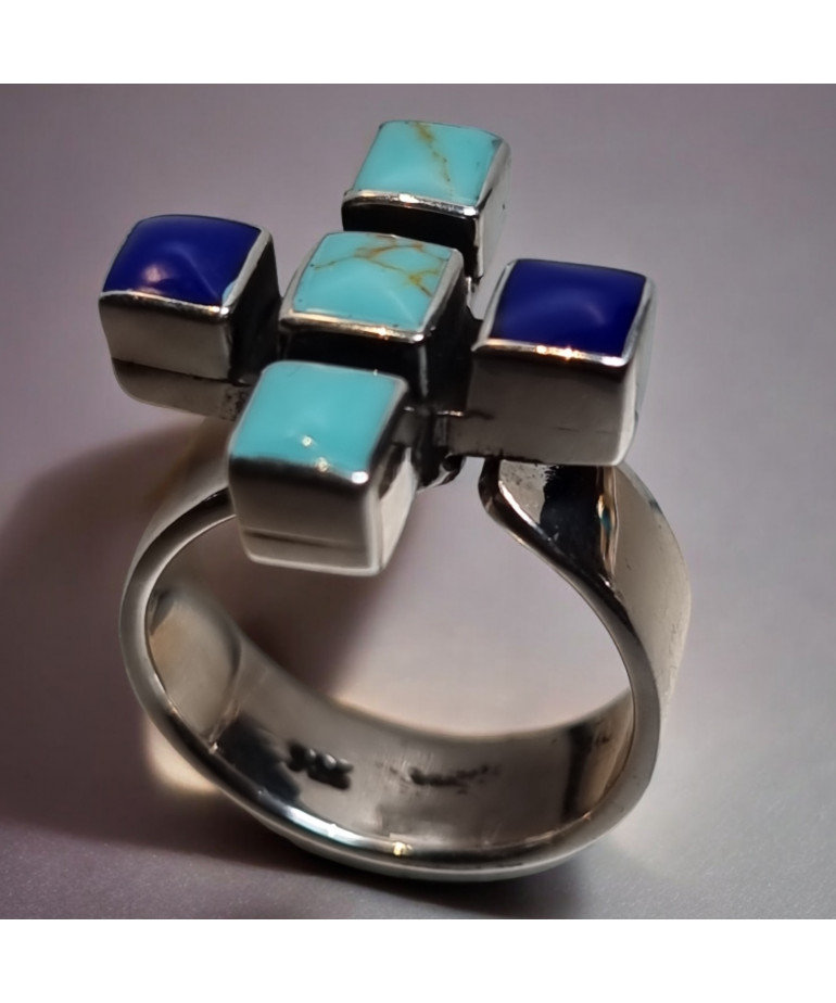 Bague Turquoise Lapis-lazuli Zuni Argent 925 Taille 59+