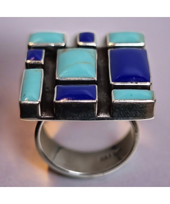Bague Turquoise Lapis-lazuli Zuni Argent 925 Taille 59+