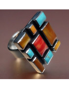 Bague Turquoise Nacre Corail Zuni Argent 925 Taille 58+