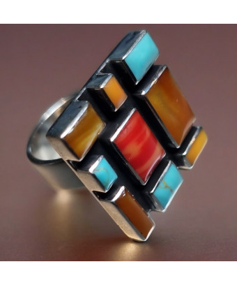 Bague Turquoise Nacre Corail Zuni Argent 925 Taille 58+