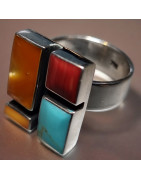 Bague Turquoise Nacre Corail Zuni Argent 925 Taille 58+