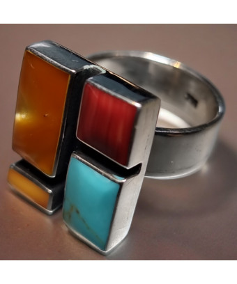 Bague Turquoise Nacre Corail Zuni Argent 925 Taille 58+