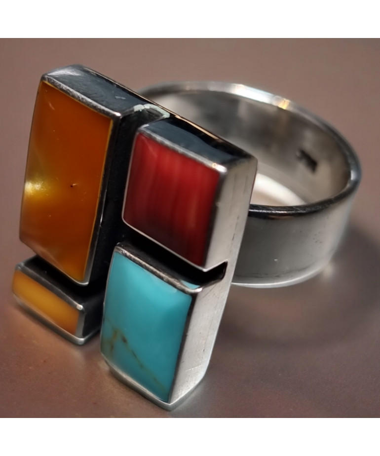Bague Turquoise Nacre Corail Zuni Argent 925 Taille 58+