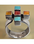 Bague Turquoise Nacre Corail Zuni Argent 925 Taille 58+