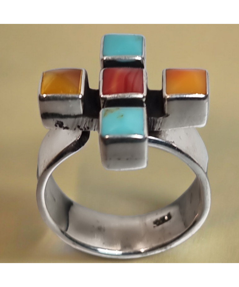 Bague Turquoise Nacre Corail Zuni Argent 925 Taille 58+