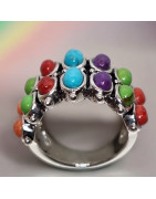 Bague Turquoise Opale verte Jaspe Rouge Charoïte Corail Zuni Argent Zuni 925 Taille 54