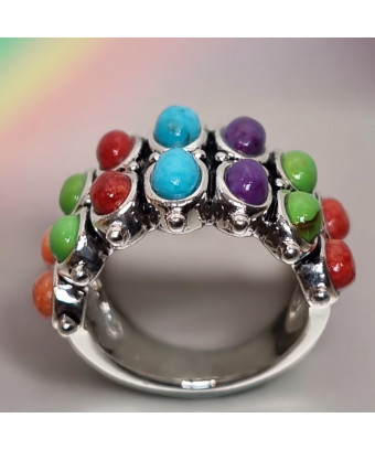 Bague Turquoise Opale verte Jaspe Rouge Charoïte Corail Zuni Argent Zuni 925 Taille 54