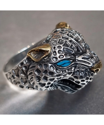 Bague Tête de Panthère Yeux Opale bleue Argent 925 Taille 67