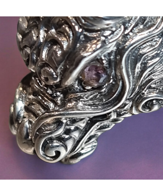 Bague Tête de Dragon Yeux Améthyste Argent 925 Taille 60