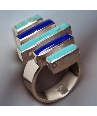 Bague Turquoise Lapis-lazuli Zuni Argent 925 Taille 55+