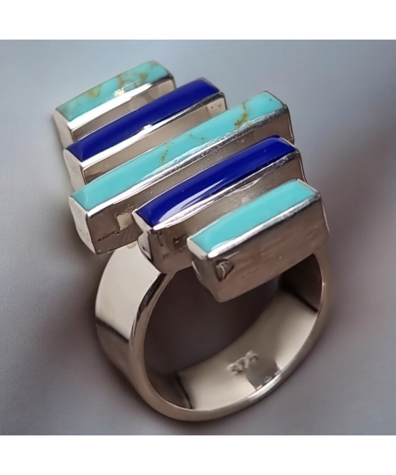 Bague Turquoise Lapis-lazuli Zuni Argent 925 Taille 55+