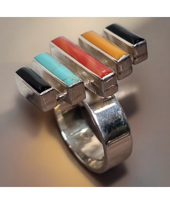 Bague Turquoise Nacre Onyx Corail Zuni Argent 925 Taille 61+