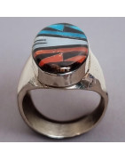 Bague Turquoise Nacre et Jaspe rouge Zuni Argent 925 Taille 67