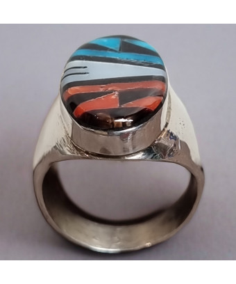 Bague Turquoise Nacre et Jaspe rouge Zuni Argent 925 Taille 67