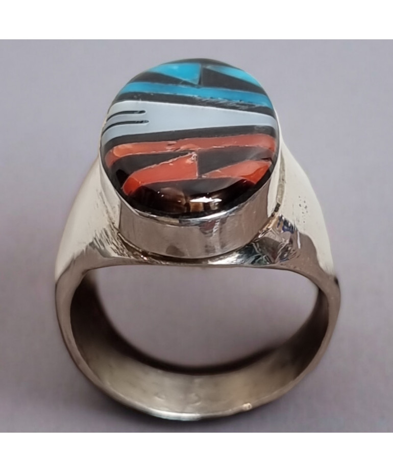Bague Turquoise Nacre et Jaspe rouge Zuni Argent 925 Taille 67