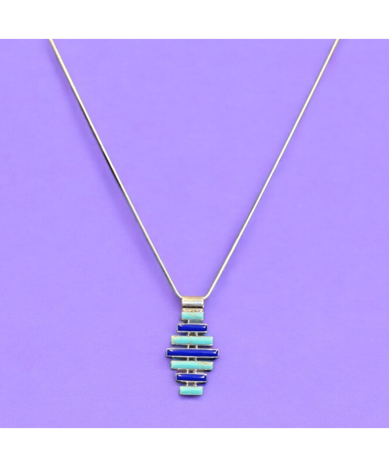 Pendentif Turquoise & Lapis-lazuli sur Chaîne Argent 925