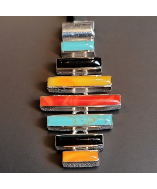 Pendentif Turquoise Nacre Onyx & Jaspe rouge sur Chaîne Argent 925