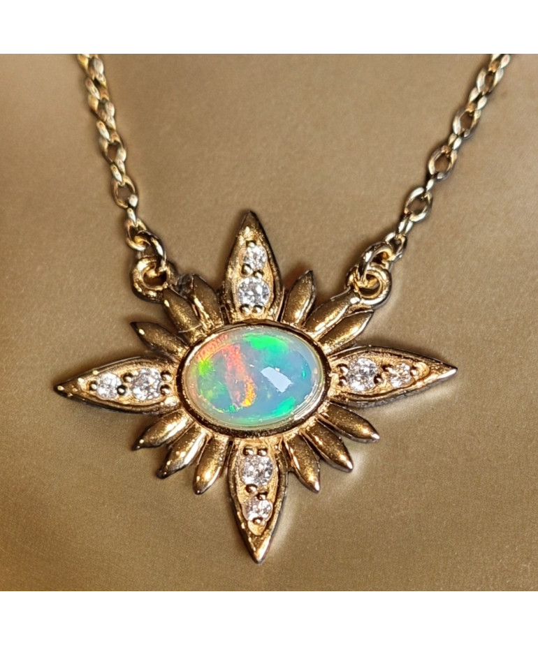 Pendentif Opale & Zirconium Soleil Argent 925 Plaqué or