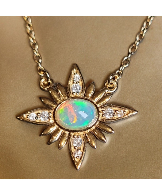 Pendentif Opale & Zirconium Soleil Argent 925 Plaqué or